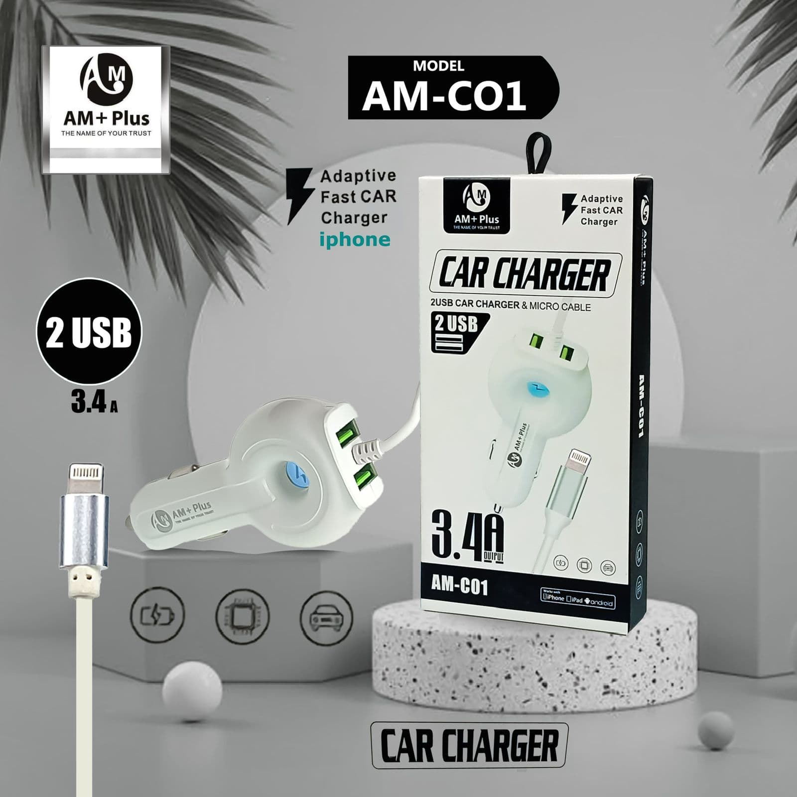 AM CO1 Car Charger Ios Cable Attached