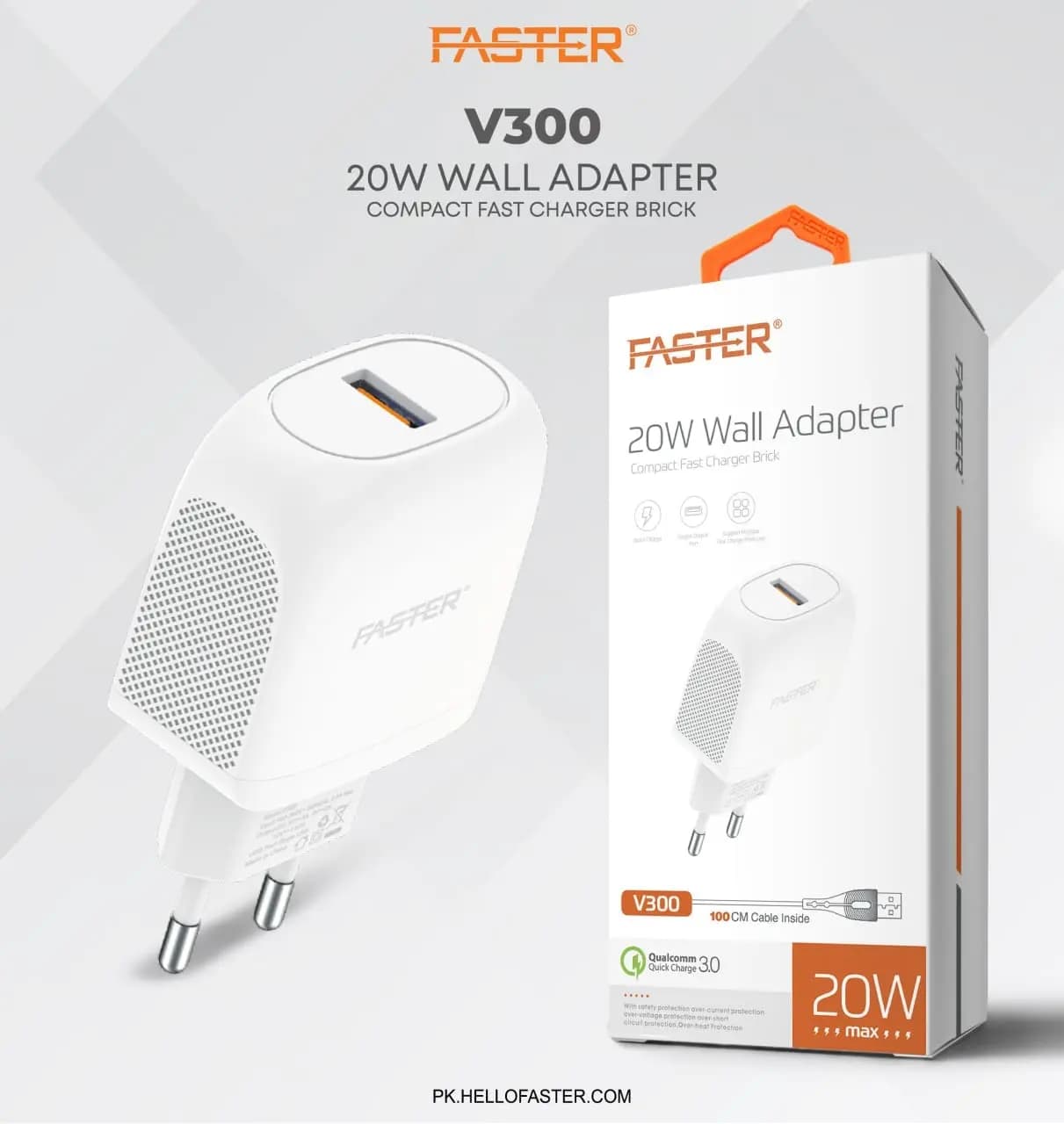 FASTER V300 20W Smart Charger Price In Pakistan | USB-A Fast Charging Adapter | 20W Smart Charging , 1 Year Warranty - image 1