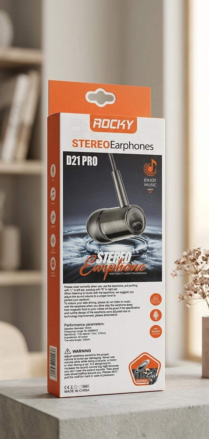 Rocky D21 PRO Stereo Earphones – Deep Bass Handsfree for Clear Sound – alternate view