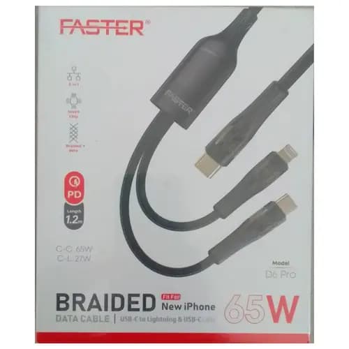 Faster D6 Pro 65W 3-in-1 Charging Cable Price In Pakistan | Multi Connector Fast Charging Cable | Type-C / Lightning / Micro USB , 65W , 1 Year Warranty - image 1