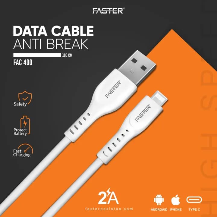 Faster FAC-400 USB to Type-C Cable Price In Pakistan | 2A Fast Charging Data Cable | Anti-Break Design ,  Type-C - image 1