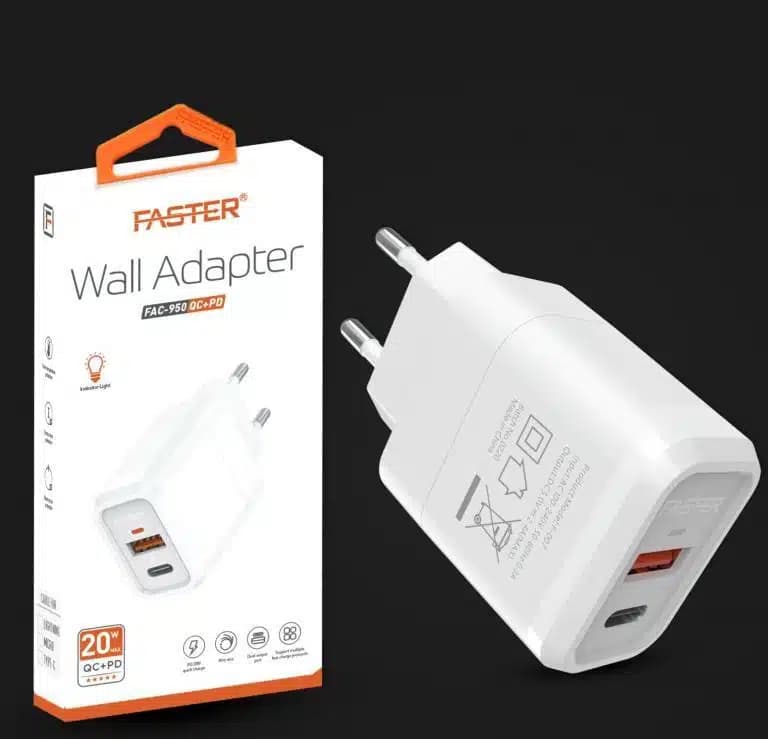 Faster FAC-950 20W + 18W Fast Charger Price In Pakistan | Dual Port USB & Type-C Charger | PD Fast Charging , 1 Year Warranty – alternate view