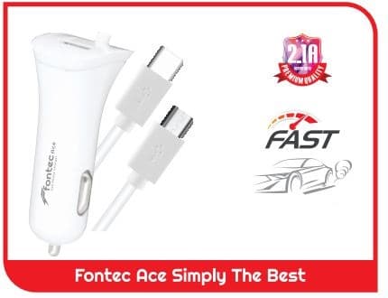 Fontec Ace Car Charger Price In Pakistan | 2.1A Fast Car Charger | Micro USB & Type-C Compatible , Stable Charging Output , Compact Vehicle Charger , Universal Smartphone Compatible