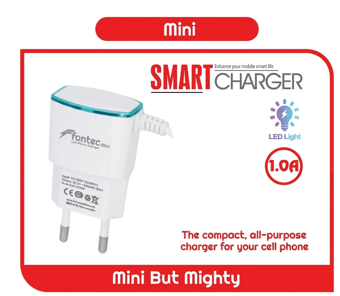 Fontec Mini Charger | N90, N97 Smart Charger | Mobile Wall Charger, Compact Power Adapter with Micro-USB (V8) Cable, 1.0A Smart Charging Output, Integrated LED Light – alternate view