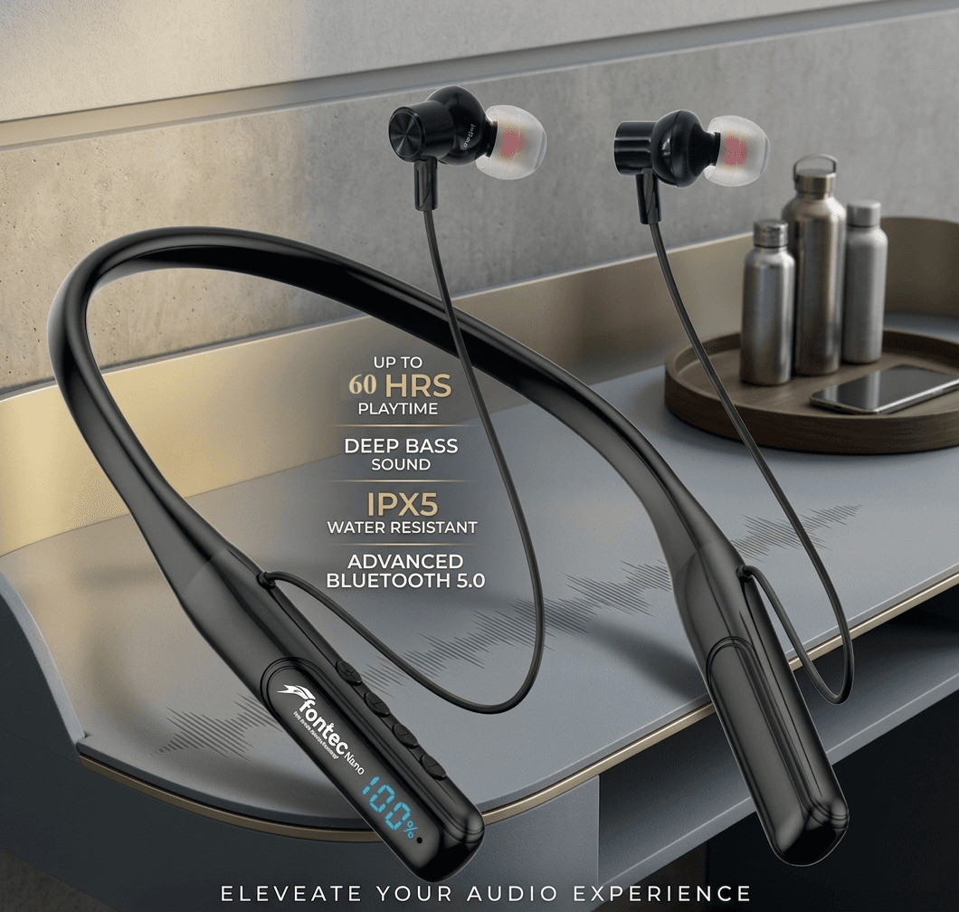 Fontec Nano Neckband | Wireless Bluetooth Earphones | Sports Bluetooth Headset | 60-Hour Playtime, Built-In TF Card Support, LED Digital Battery Display, Smart Audio Engine, Ergonomic Lightweight Design - image 1