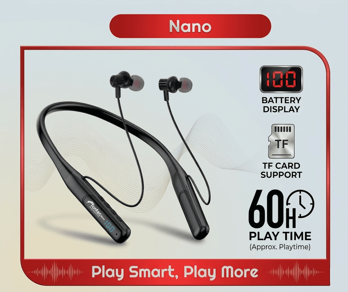 Fontec Nano Neckband | Wireless Bluetooth Earphones | Sports Bluetooth Headset | 60-Hour Playtime, Built-In TF Card Support, LED Digital Battery Display, Smart Audio Engine, Ergonomic Lightweight Design – alternate view