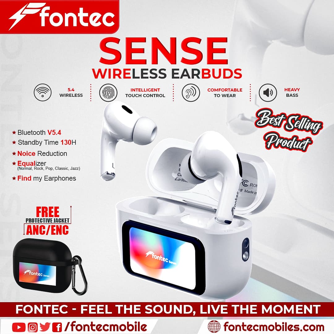 Fontec Sense AirPods | Airpods | Earbuds, Integrated Smart Touch Screen, Bluetooth 5.4, Heavy Bass TWS, Immersive Wireless Audio – alternate view
