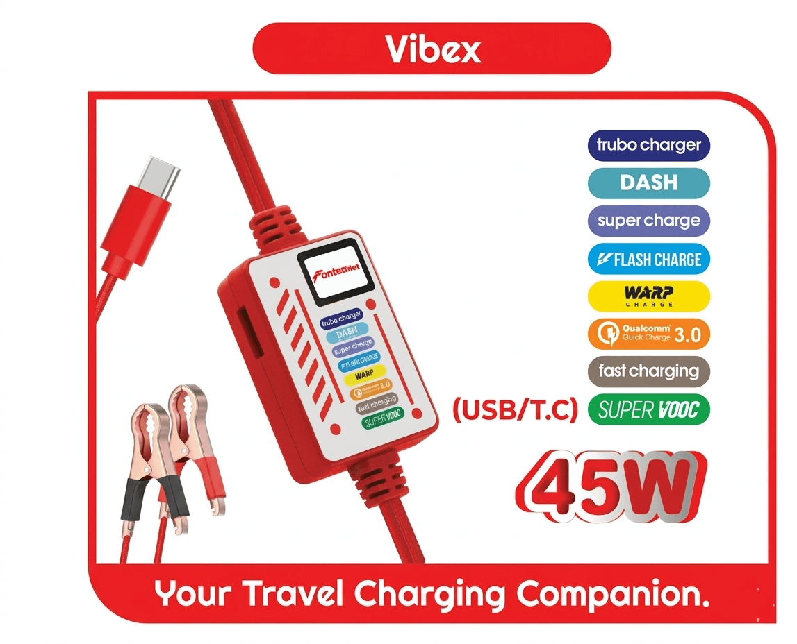 Fontec Vibex DC Charger | 45W Turbo DC Charger | Universal DC Fast Charger, Qualcomm QC 3.0, Warp and Super Charge Protocols, USB Port and Type-C cable attached  - image 1