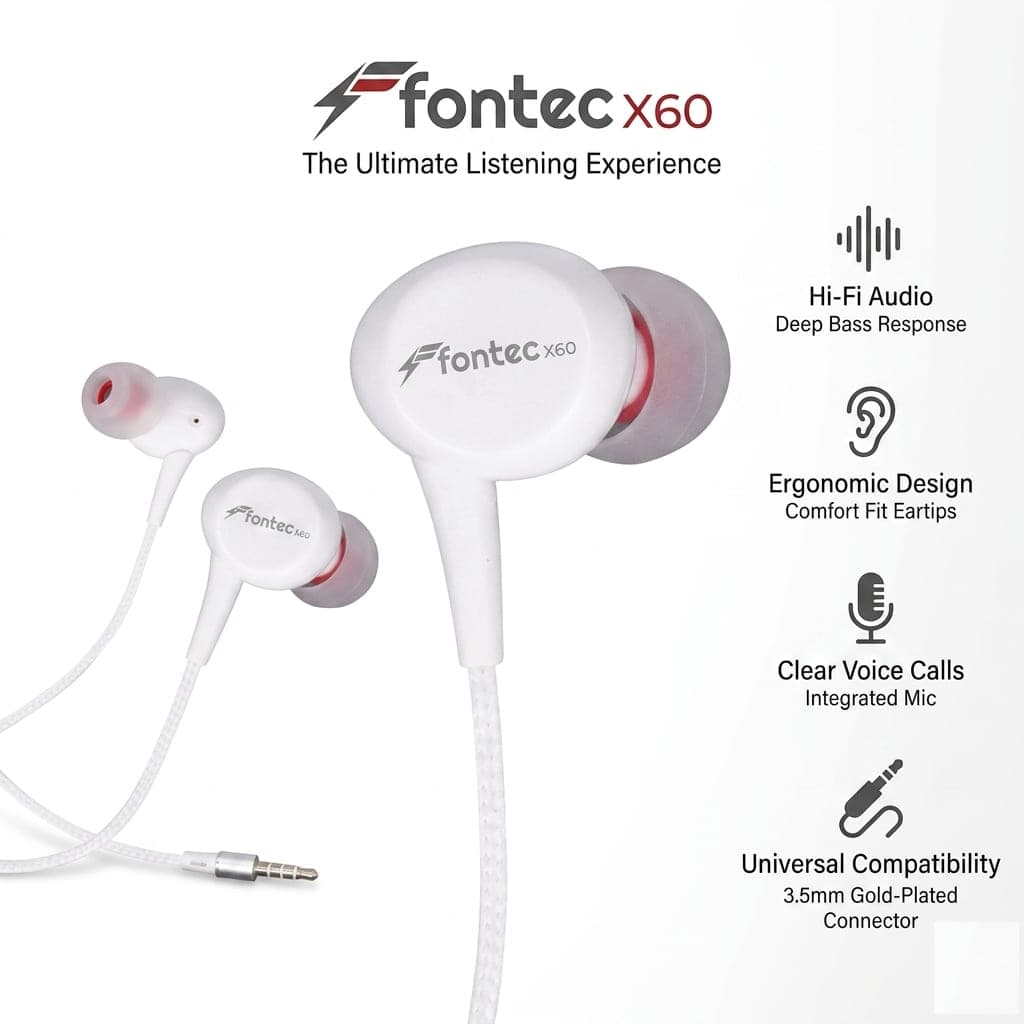 Fontec X60 Earphone | 3.5mm Wired Earphones | High-Performance In-Ear Headphones | Clean and Balanced Acoustic Sound, Passive Noise Cancellation, Universal Compatible with All Mobile Phones  - image 1