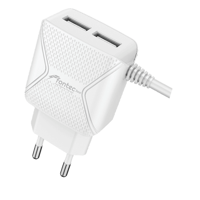 Fontec Zeal Charger | Mobile Wall Charger | Dual USB Adapter, Micro-USB V8 Cable, 1.0A Smart Charging Output, Multi-Device Dual USB Slots, Quick Charge Adapter 