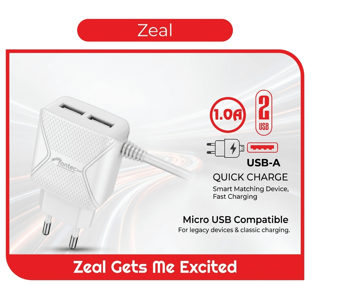 Fontec Zeal Charger | Mobile Wall Charger | Dual USB Adapter, Micro-USB V8 Cable, 1.0A Smart Charging Output, Multi-Device Dual USB Slots, Quick Charge Adapter  – alternate view