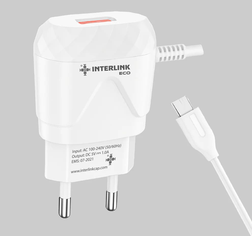 Interlink ECO Charger 1A Output Price In Pakistan | Travel Charger | Stable Output , Fixed Cable
