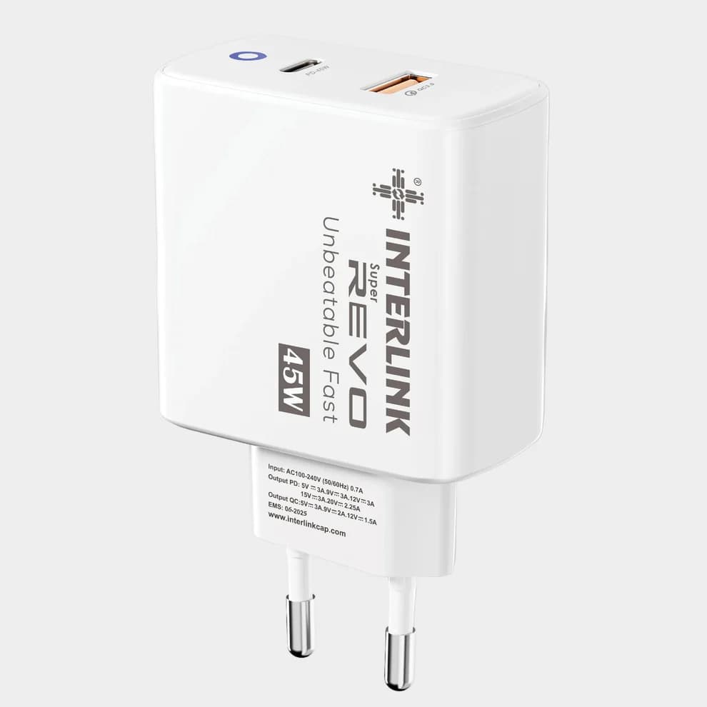 Interlink REVO 45W Super Fast Charger Price In Pakistan | 45W Power Delivery Charger | USB-C + USB-A Dual Port