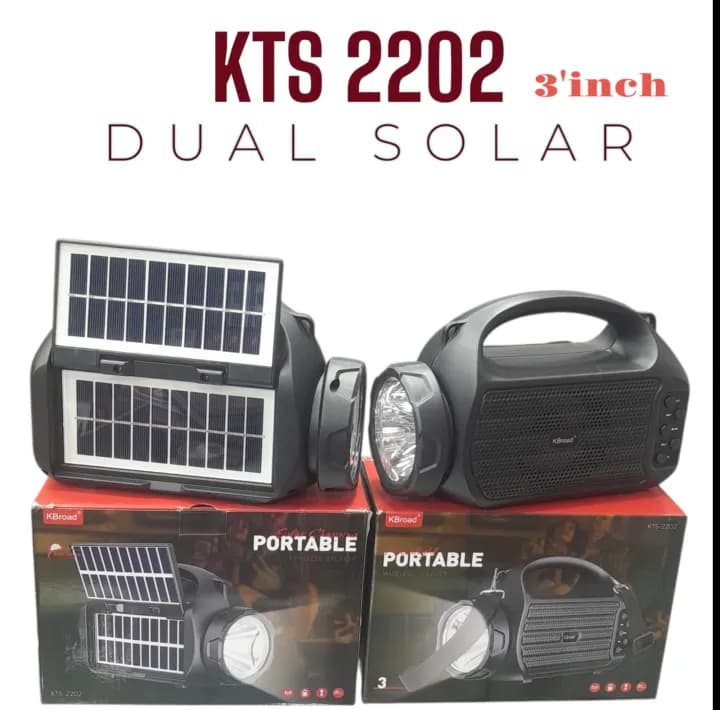 KTS 2202 Portable Bluetooth Speaker with Dual Solar Panels, Torch Light – Wireless, Rechargeable, Extra Bass, FM Radio, USB/SD Support – Outdoor Mini Speaker for Travel, Camping & Home Use - image 1