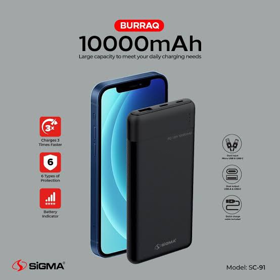Sigma 10000mAh Burraq SC-91 - 18W Power Bank with PD Type-C and Micro USB
