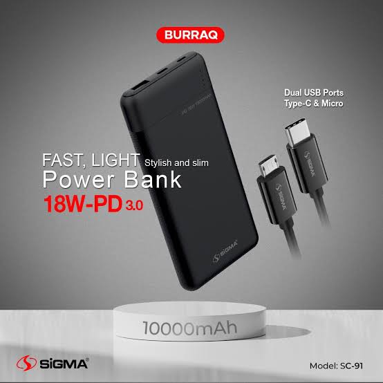 Sigma 10000mAh Burraq SC-91 – 18W Power Bank with PD Type-C and Micro USB